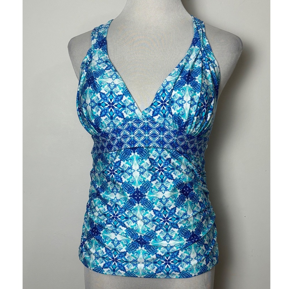 La Blanca Womens Tankini Top Size 8 Blue White Medallion Halter Ruched Swimsuit